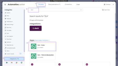 2. (1) Select the 'Templates'-tab. (2) Select Integrations. (3) Search for SLA. (4) Select the 'SLA - Core' App