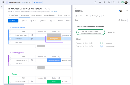 14. Change the Status to 'Working on it' and the SLA will be automatically stopped