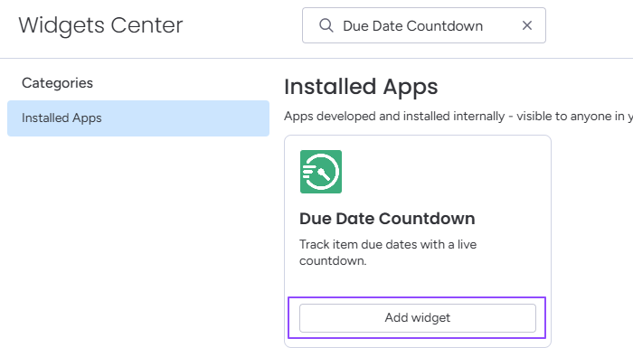 2. Search for 'Due Date Countdown' and click on 'Add widget'