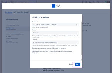 3. Select your Timezone, one of the listed Days off, the initial Calendar and click on 'Start'